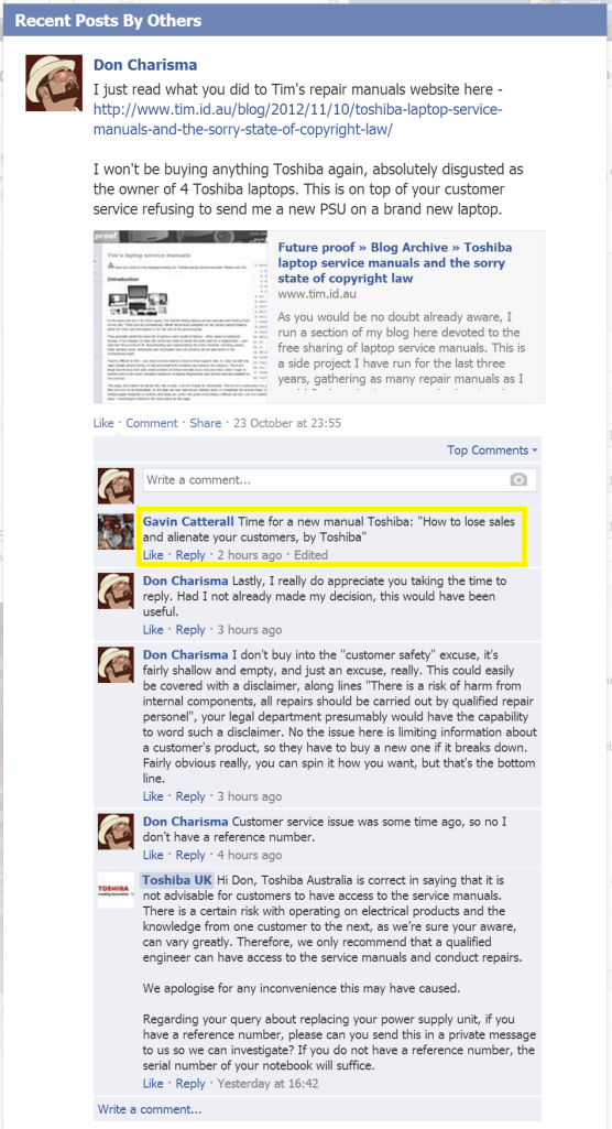 DonCharisma.org, DON CHARISMA, Facebook Conversation Toshiba UK