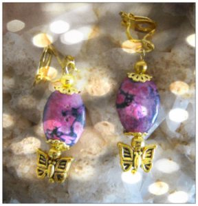 IreneDesign2011 Beautiful Gold Clip-On Earrings with Rhodocrosite & Butterfly