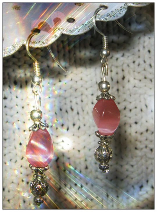 IreneDesign2011 Beautiful Silver Hook Earrings with Pink Cateye