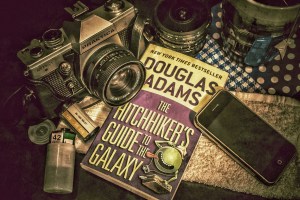 douglas adams,hitchhikers,guide,galaxy,analog,film,photography,iphone,vintage,fisheye,towel,book,tea,cup,relaxation,hot,table,prepared,morning,DON CHARISMA